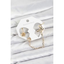 Pirinç Gold Renk Yılan Model Zincir Bağlantılı Ear Cuff Küpe Seti