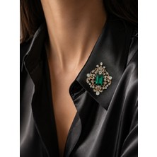 Haki Store Royal Emerald Zümrüt Yeşili Taşlı Gold Detaylı Kadın Broş