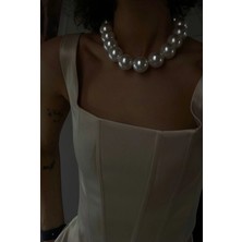 Ravinity Beyaz Büyük Incili Şık Gelin Aksesuarı Iri Inci Kolye Söz Nişan Nikah Düğün Kolyesi