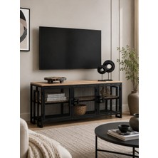 Uyan Ev Ürünleri 120 cm Dekoratif Tv Sehpası Metal Gövdeli Ahşap Tablalı Kapaklı ve Raflı Tv Ünitesi