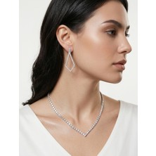 Mupte Jewelry Kadın Gümüş Renk Zirkon Taşlı V Kesim Su Yolu Kolye ve Küpe Seti