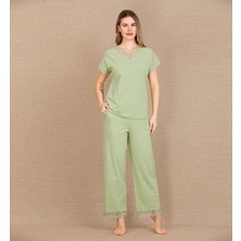 Bemy Store Pamuklu Şık Tasarım Dantel Işlemeli Yeşil Kısa Kol Pijama Takımı