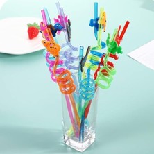 TeknoKapsül 4 Adet Kıvrımlı Plastik Pipet, Çocuklar Için Eğlenceli Figürlü Tasarım, Renkli Dayanıklı Içecek