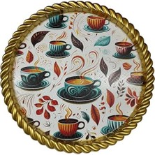 TeknoKapsül Lüks Dekoratif Plastik Tepsi Altın Çerçeve 46X46 Çay Kahve Fincan Desenli