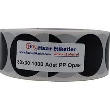 TeknoKapsül Pp Opak Daire Çap Etiketi Rulo Etiket, 30MM x 30MM Çap 1000 Adet, Yuvarlak Siyah Zemin Baskılı Kont