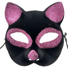 TKÇ Siyah Renk Pembe Simli Süet Kedi Maskesi 18X14 cm