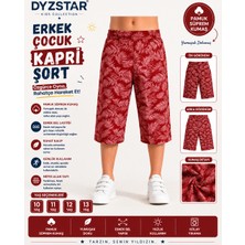 Dyzstar Erkek Çocuk Kırmızı Yaprak Desenli Kapri Şort Lastikli Bel Rahat Kalıp 10-11-12-13 Yaş
