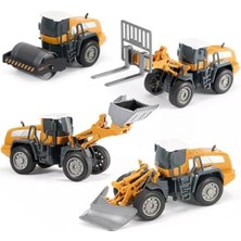 TeknoKapsül Oyuncak Metal Başlıklı Iş Makinaları Seti Ekskavatör Kar Küreyici Forklift Silindir 4 Ü 1 Arada Set