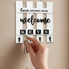 TeknoKapsül Ahşap Anahtar Askılığı, Beyaz, Duvar Montajlı, Farmhouse Tarzı, ' Grows Here Welcome' Yazılı, 4