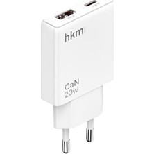 TeknoKapsül Extra Slim Gan 20W Usb-A Type-C Çift Portlu Hızlı Şarj Aleti, Ince Güç Adaptörü, Beyaz