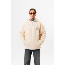 Respire Erkek Yarım Fermuarlı Kapüşonlu Oversize Peluş Hoodie Ekru