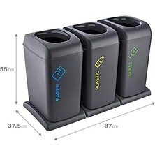 TeknoKapsül 3'li Set Tekerlekli Plastik-Kağıt-Cam Geri Dönüşüm Kutusu 40 Lt