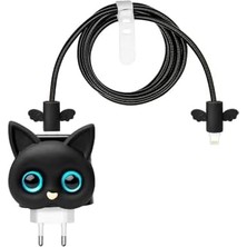 TeknoKapsül 18W/20W Siyah Şarj Başlığı 3D Animasyon Şarj Başlığı Kablo Koruyucu Set