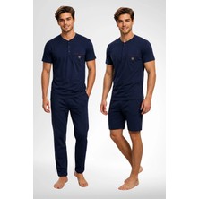 Mecit Pijama Mecit 4008 Lacivert %100 Pamuk 3'lü Büyük Beden Erkek Pijama Takımı