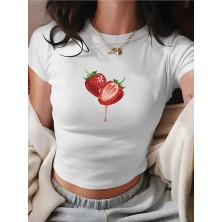 Nevermind Kadın Crop Baby Tee Çilek Baskılı Dar Kesim %100 Pamuk Y2K Estetik Tişört