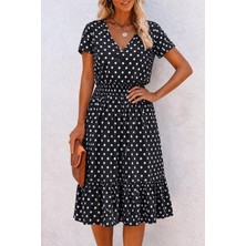 Alyn Wear Kadın Kısa Kollu V Yakalı Beli Lastikli Midi Süprem Elbise