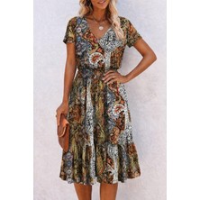 Sun & North Sun&north Kadın Kısa Kollu V Yakalı Beli Lastikli Midi Süprem Elbise