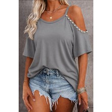 Alyn Wear Kadın Kısa Kollu Askılı Omuzlardan Açık Incili Viskon Bluz