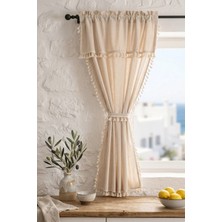 Cotton Maison Cozy Boho Naturel Püsküllü Fon Perde - Tek Kanat, Rustik ve Korniş Uyumlu