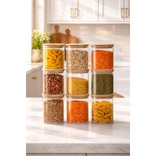 Porsima 5-3 Bambu Vakumlu Kapaklı Kare Borsilikat Cam 9lu Kavanoz Seti Saklama Kabı 750ML 7,5X15CM