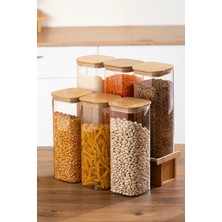 Porsima 7-3 Bambu Vakumlu Kapaklı Kare Borsilikat Cam 6lı Kavanoz Seti Saklama Kabı 1900ML 9,5X27CM