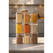 Porsima 6-3 Bambu Vakumlu Kapaklı Kare Borsilikat Cam 9lu Kavanoz Seti Saklama Kabı 1250ML 9,5X15CM