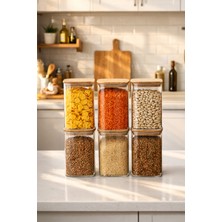 Porsima 6-3 Bambu Vakumlu Kapaklı Kare Borsilikat Cam 6lı Kavanoz Seti Saklama Kabı 1250ML 9,5X15CM