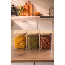 Porsima 5-3 Bambu Vakumlu Kapaklı Kare Borsilikat Cam 3lü Kavanoz Seti Saklama Kabı 750ML 7,5X15CM