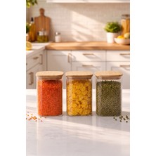 Porsima 6-3 Bambu Vakumlu Kapaklı Kare Borsilikat Cam 3lü Kavanoz Seti Saklama Kabı 1250ML 9,5X15CM