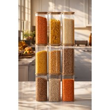 Porsima 7-3 Bambu Vakumlu Kapaklı Kare Borsilikat Cam 9lu Kavanoz Seti Saklama Kabı 1900ML 9,5X27CM