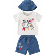 Lika&Nika Erkek Bebek 3'lü Takım %100 Pamuklu Tişört, Lastik Belli Denim Şort ve Şapka