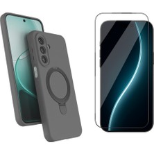 Tekno Grup Samsung Galaxy A27 Kılıf M-Safe Şarj Özellikli Standlı Samara Kapak-Titanyum-Gri + Cam Ekran Koruyucu