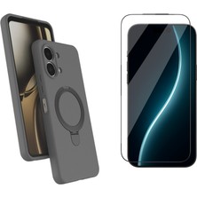 Tekno Grup Oppo A6 Pro Kılıf M-Safe Şarj Özellikli Standlı Samara Kapak-Titanyum Gri + Cam Ekran Koruyucu