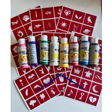 Airbrush Tattoo 8 Farklı Renk El Yüz Boyası 80 Minimal Şablon ve Fırça Hediyeli Yüz Boyama Seti
