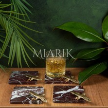 Miarik Design Mermer Bardak Altlığı 4'lü Kare Bordo Renk Pırınç Gold Turna Aksesuarlı