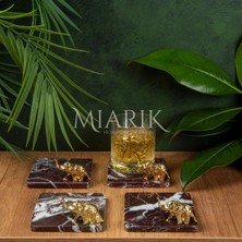 Miarik Design Mermer Bardak Altlığı 4'lü Kare Bordo Renk Pırınç Gold Fıl Aksesuarlı