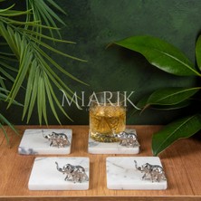 Miarik Design Mermer Bardak Altlığı 4'lü Kare Leylak Renk Pırınç Gümüş Fıl Aksesuarlı