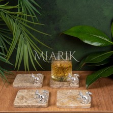 Miarik Design Mermer Bardak Altlığı 4'lü Kare Bej Renk Pırınç Gümüş Sıncap Aksesuarlı