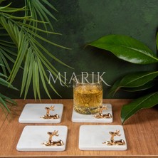 Miarik Design Mermer Bardak Altlığı 4'lü Kare Beyaz Renk Pırınç Gold Ceylan Aksesuarlı