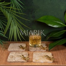 Miarik Design Mermer Bardak Altlığı 4'lü Kare Bej Renk Pırınç Gold Yusufcuk Aksesuarlı