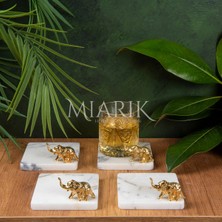 Miarik Design Mermer Bardak Altlığı 4'lü Kare Leylak Renk Pırınç Gold Fıl Aksesuarlı