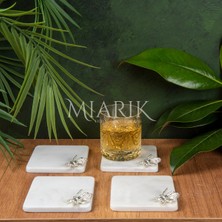 Miarik Design Mermer Bardak Altlığı 4'lü Kare Beyaz Renk Pırınç Gümüş Arı Aksesuarlı