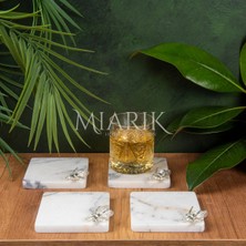 Miarik Design Mermer Bardak Altlığı 4'lü Kare Leylak Renk Pırınç Gümüş Arı Aksesuarlı