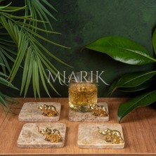 Miarik Design Mermer Bardak Altlığı 4'lü Kare Bej Renk Pırınç Gold Fıl Aksesuarlı