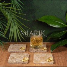 Miarik Design Mermer Bardak Altlığı 4'lü Kare Bej Renk Pırınç Gümüş Arı Aksesuarlı
