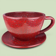 AdenArtpottery Büfelik Büyük Boy Kırmızı Toprak Saksı Kahve Fincanı-El Yapımı Dekoratif Tabaklı Sırlı Saksı 26*18 cm