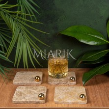 Miarik Design Mermer Bardak Altlığı 4'lü Kare Bej Renk Pırınç Gold Top Aksesuarlı