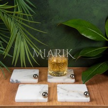 Miarik Design Mermer Bardak Altlığı 4'lü Kare Leylak Renk Pırınç Gümüş Top Aksesuarlı