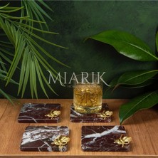 Miarik Design Mermer Bardak Altlığı 4'lü Kare Bordo Renk Pırınç Gold Arı Aksesuarlı