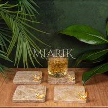Miarik Design Mermer Bardak Altlığı 4'lü Kare Bej Renk Pırınç Gold Kus Aksesuarlı